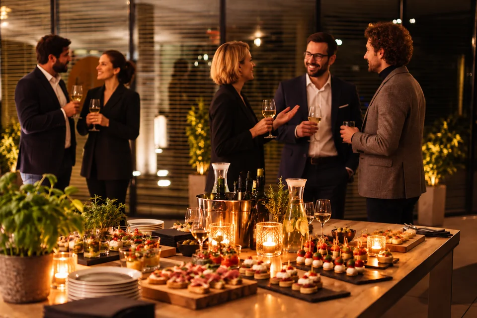 Gäste beim Firmenempfang mit Fingerfood-Buffet und stimmungsvoller Tischdekoration