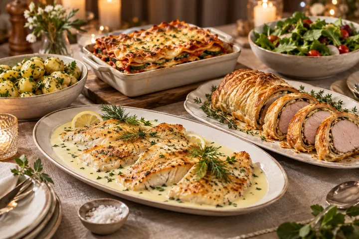 Festliches Buffet mit Zanderfilet, Schweinefilet im Blätterteig und Gemüse-Lasagne
