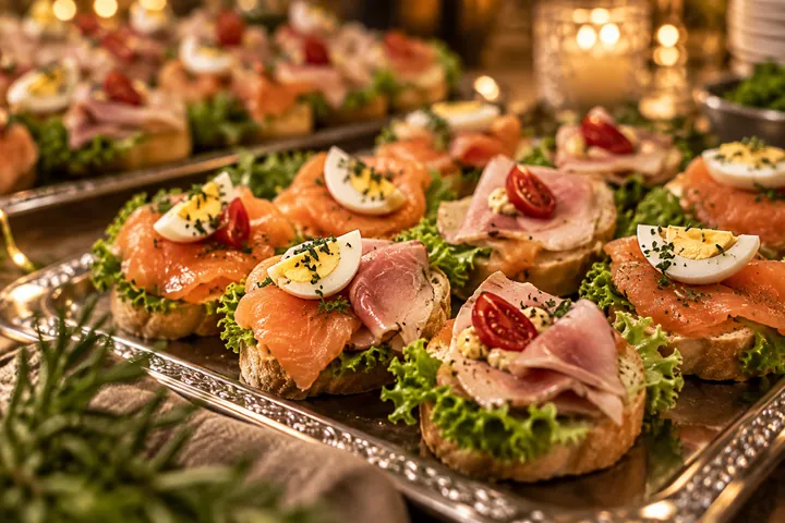 Canapés mit Lachs, Schinken, Ei und Salat auf einer Servierplatte