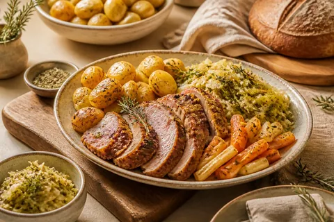 Rustikale Servierplatte mit aufgeschnittenem Braten, Kartoffeln, Kraut und Gemüse