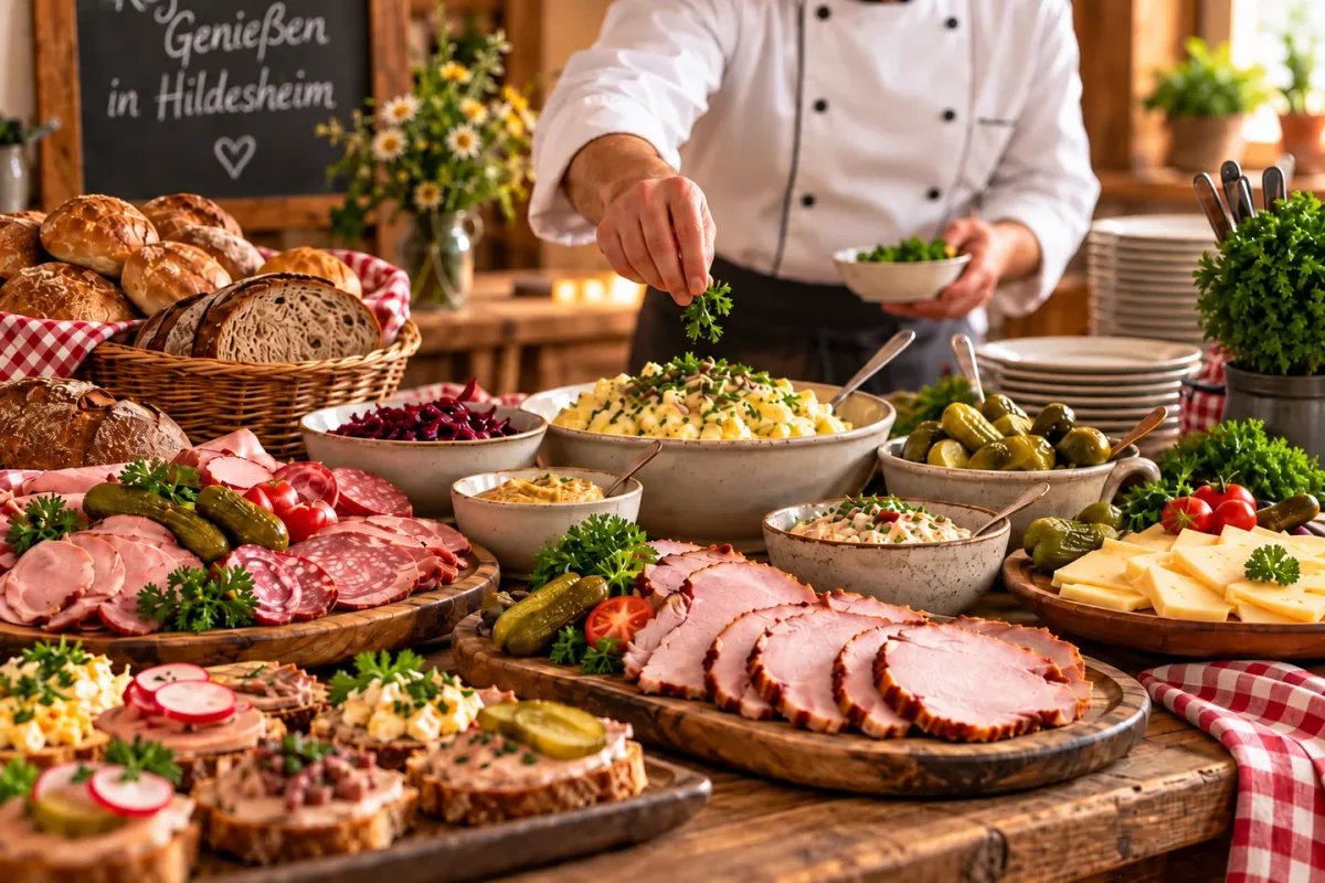 Buffet mit Fleischspezialitäten, Salaten und Brot von Partyservice Kroll